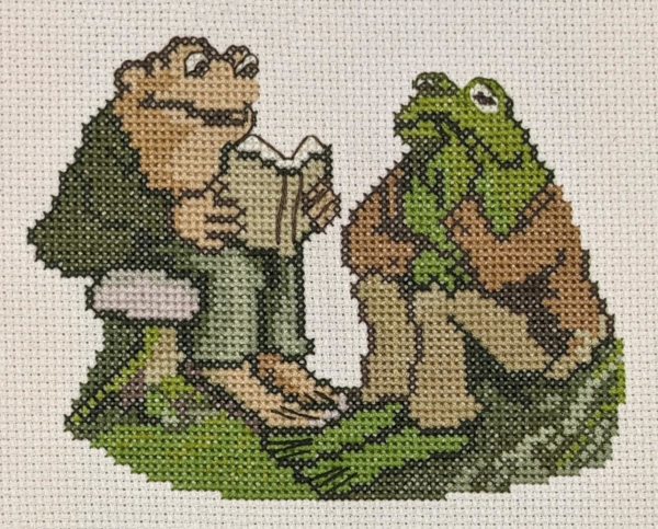 Photo of 'Frog and Toad Reading' finished cross stitch project