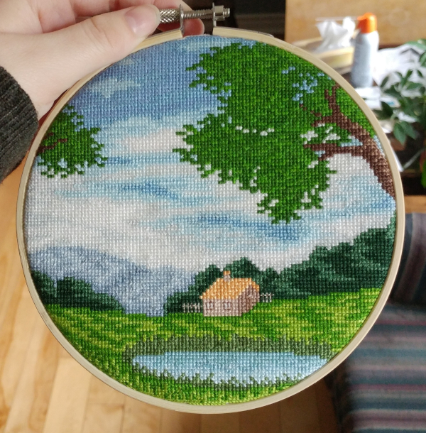 Photo of 'Lake Cottage' finished cross stitch project