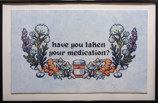 Photo of 'Have You Taken Your Medication?' finished cross stitch project